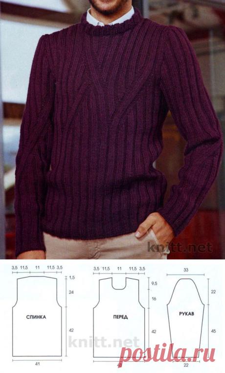 Вязаный спицами мужской пуловер бордового цвета | knitt.net | Все о вязании