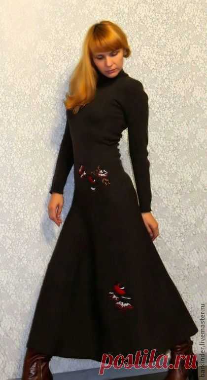 Вязаное платье " Снегири и шоколад" - коричневый,платье,платье вязаное