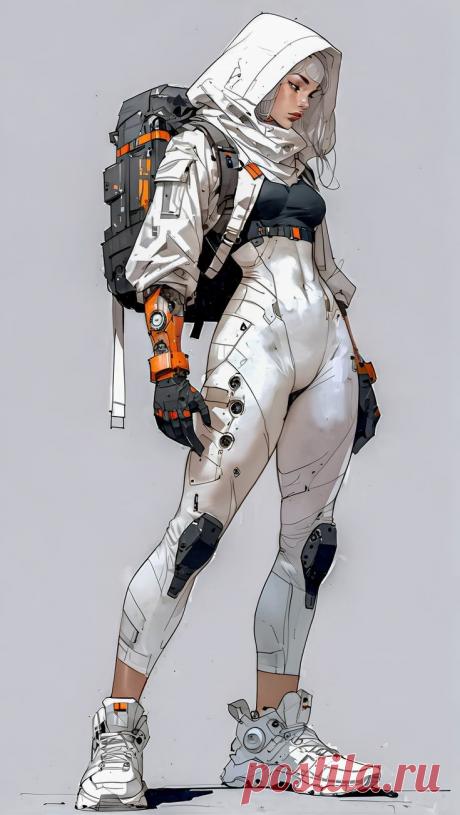 Девушка. В облегающем комбинезоне. Рюкзак. Футуристический вид.