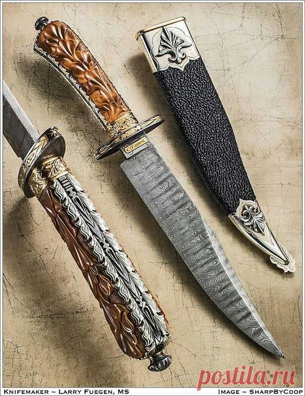 Нож боуи от Larry Fuegen, MS. Дамасская сталь. Всечка золотом. Резьба по кости.