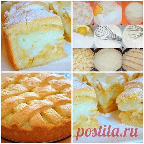 ВКУСНЕЙШИЙ Яблочный пирог с НЕЖНЕЙШИМ заварным кремом 
Тесто: 
1 яйцо 
2 ст. ложки сметаны 
180 гр. сливочное масло 
150 гр. сахар 
0,5 ч. ложки разрыхлителя 
щепотка соли 
360 гр. мука 
Крем: 
350 мл молока 
1 яйцо 
2 ст. ложка крахмала 
4 ст. ложки сахара 
1/3 ч. ложки ванилина 
а так же 2 крупных яблока, сахарная пудра для присыпки. 
Для теста в глубокую миску просейте муку, добавьте соль и разрыхлитель. 
Масло холодное, но не из морозилки, нарежьте кубиками и перетрите...