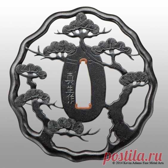 Copy of an Akasaka tsuba made for the "Stories in Steel" exhibit, October 27th-November 30th, Toronto. Steel plate with copper sekigane. Omote side. 81mm x 85mm x 4mm. Private collection (PH), Ireland.