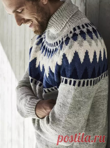 Мужской свитер с круглой жаккардовой кокеткой от Novita Knits - DoulaKnits