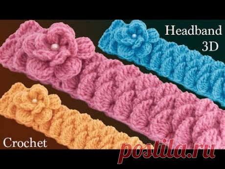 Diadema con flor a Crochet punto abanicos de lado intercalados con hojas 3D  tejido tallermanualperu - YouTube