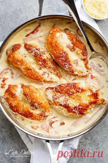 Creamy Parmesan Carbonara Chicken (No Egg) - Cafe Delites Creamy Parmesan Carbonara Chicken is the ultimate twist! Crispy, golden chicken fillets in a carbonara inspired sauce for a new favourite chicken recipe!