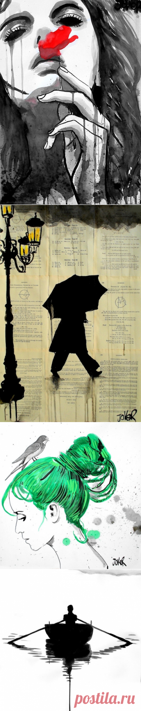 Художник Loui Jover.  австралийский художник. Для своих рисунков он использует чернила и страницы из книг.Считает, что особая фактура книжных листов помогает передать удивительную атмосферу, которая наполнена чувствами.