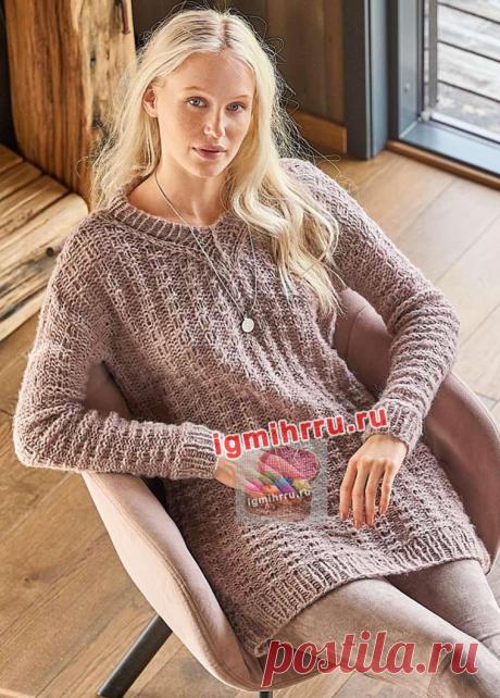 Длинный пуловер со структурным узором. Вязание спицами со схемами и описанием