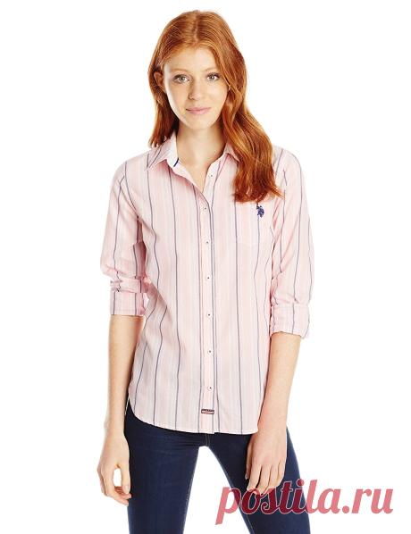 U.S. Polo Assn. Juniors' Long Sleeve Striped Poplin Woven Shirt, 3388-Prism Pink, XL at Amazon Women’s Clothing store: