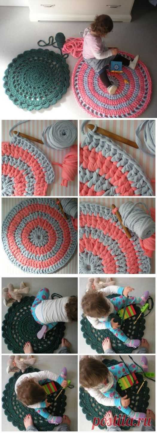 Поделки своими руками - Вязаные коврики из футболочной пряжи, два подробных мастер-класса.
