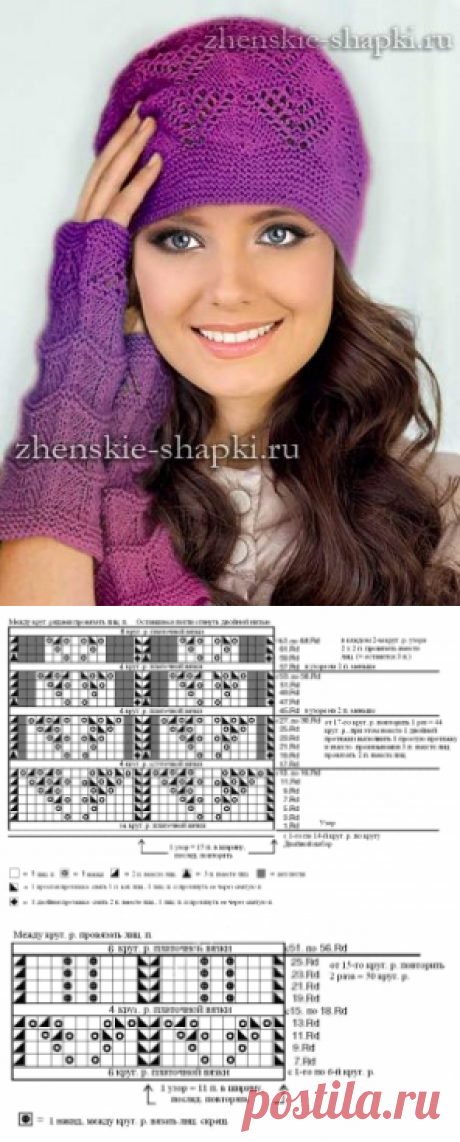 Ажурная шапка и митенки схемы вязания спицами