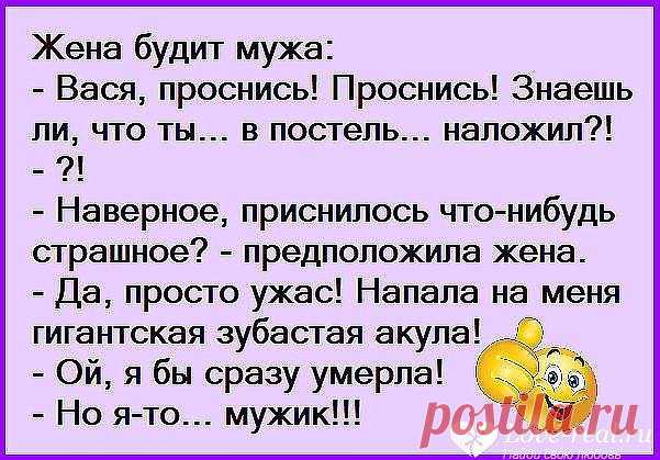 Муж приходит домой с работы, жена сидит за компьютером и спрашивает его , не оборачиваясь:
