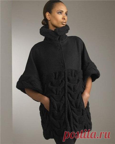 Черное пальто
Пальто размер 42-44, рост 170 см. Пряжа 300м в 100гр, полушерсть, в 2 сложения. Описание работы 
Верхняя часть пальто вяжется одним полотном платочной вязкой спицами № 5. Для сужения талии провязать по 2 укороченных ряда с каждой стороны,как вытачки.
Спинка - На спицы № 9 набрать 87 петель двойным набором,распределить следующим образом - 1 кром, 1 изн,20 петель косы по схеме № 1, 1 изн, 20 петель косы по схеме № 1, 1 изн,20 петель косы по схеме № 1, 1изн, 20 ...