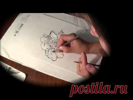 ▶ Как рисовать пион в китайском стиле двумя кистями | Chinese painting | with two brushes - YouTube