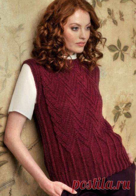 Безрукавка винного цвета Размеры:1 (2, 3, 4, 5, 6, 7, 8, 9, 10, 11)Окружность груди – 76 (81, 86, 91, 96, 102, 107, 112, 117, 122, 127) см,Окружность груди готового изделия – 91 (96.5, 102, 107, 113, 120, 123.5, 129, 134.5, 140, 145.5) см,Длина – 54.5 (55, 56, 56.5, 56.5, 57, 57, 58, 58, 58.5, 58.5)...