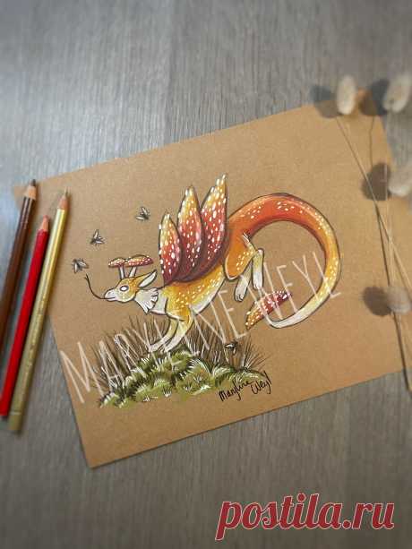 Дракон и грибы цветной карандашный рисунок | Etsy Украина