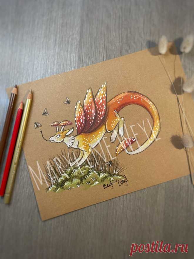 Дракон и грибы цветной карандашный рисунок | Etsy Украина