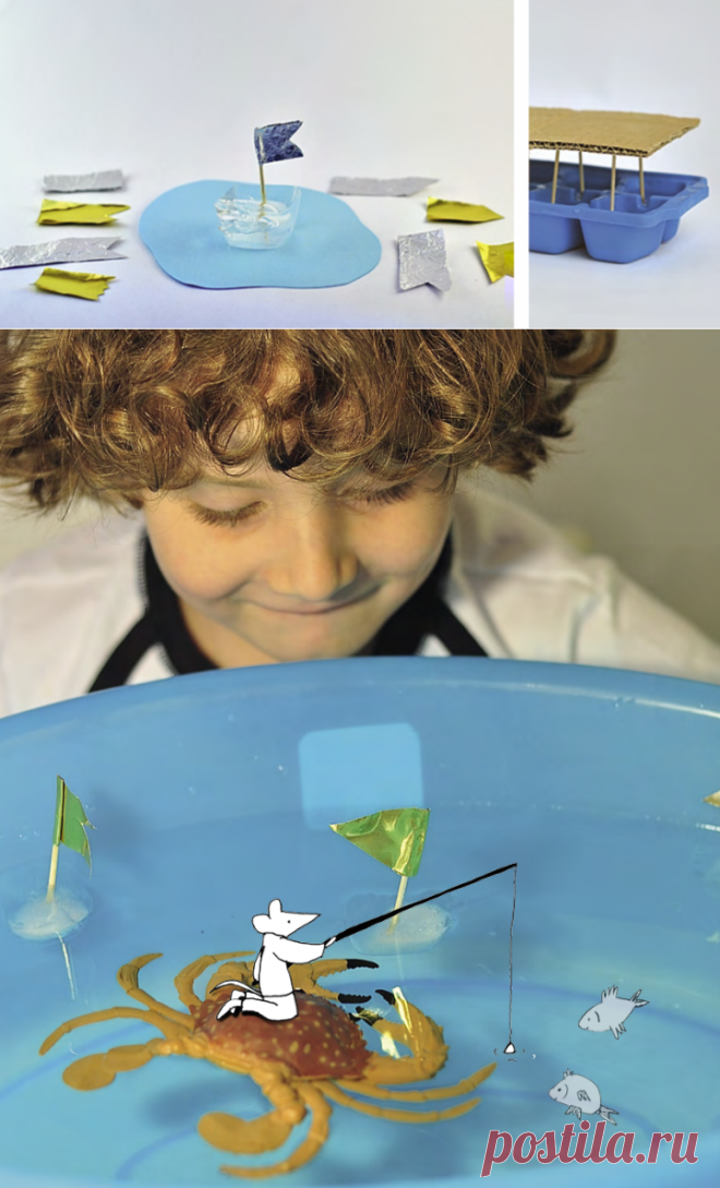 Ледяная флотилия. Вам понадобятся: форма для льда, небольшой кусок картона, зубочистки, фольга, таз или большая миска, фигурки рыб и других морских обитателей, вода.