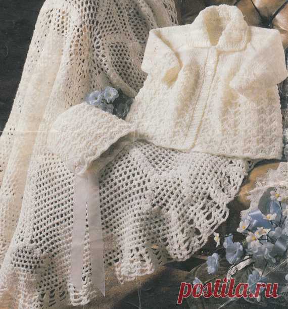 vintage baby knitting and crochet pattern knit matinee coat and bonnet and round crochet shawl This item is a PDF file of the knitting pattern for these gorgeolus baby items.    The pattern contains instructions for a knit matinee jacket and bonnet, in double knitting yarn, sizes 16 to 20 inch chest.    There are also instructions for a beautiful crochet shawl, which is made in 4 ply yarn.    Thanks for looking and happy crafting! Etsy supplies a link for instant download ...