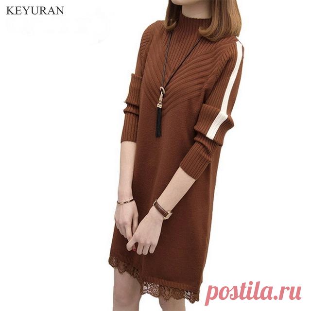 Новый Демисезонный в винтажном стиле, с длинным рукавом Свободные трикотажные мини платье Для женщин Мода Кружево лоскутное Большие размеры основной Платья свитеры l1786 купить на AliExpress