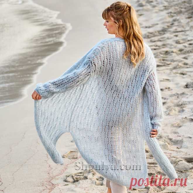 Ажурный длинный кардиган с боковыми разрезами. Спицами. / Shpulya.com