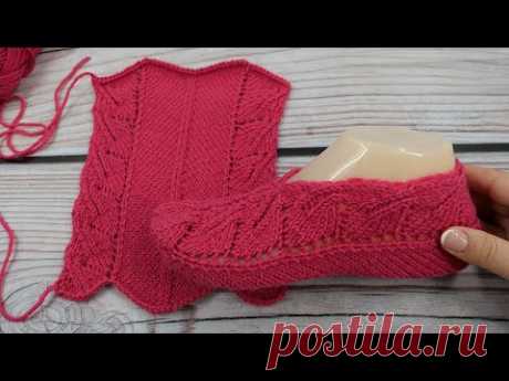 Тапочки Листики спицами 👡 Slippers Leaves knitting
