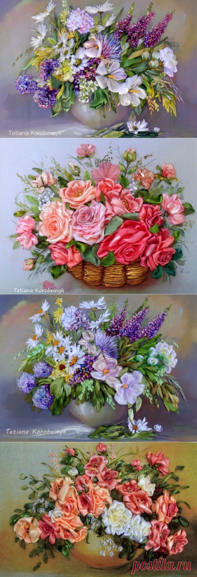 Цветочные букеты - вышивка лентами