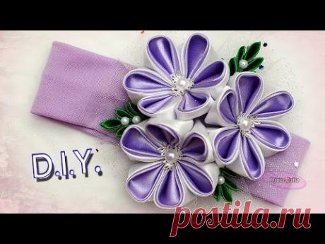 Канзаши цветы из атласных лент "Сиреневое настроение"/ Lilac Mood Satin Ribbon Flower