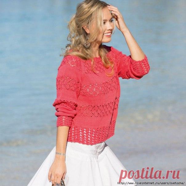 Коралловый джемпер покроя реглан

Яркий цвет пряжи оживляет этот женственный джемпер, привлекающий внимание сочетанием прозрачных ажурных структур и спокойной лицевой глади.

РАЗМЕРЫ
38/40 (44/46)

ВАМ ПОТРЕБУЕТСЯ
Пряжа (100% хлопка; 125 м/50 г) — 450 (550) г коралловой; спицы №3,5; круговые спицы №3.

УЗОРЫ И СХЕМЫ

УЗОР ИЗ «КОС»
Число петель кратно 12 + 2 кромочные = вязать согл. схеме 1. На ней даны только лицевые ряды. В изнаночных рядах все петли и накиды провязывать ...