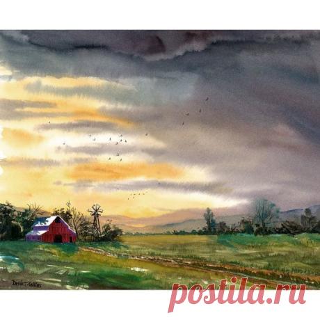 Barn Painting Watercolor landscape Painting Sunset PRINT trees Country road art…