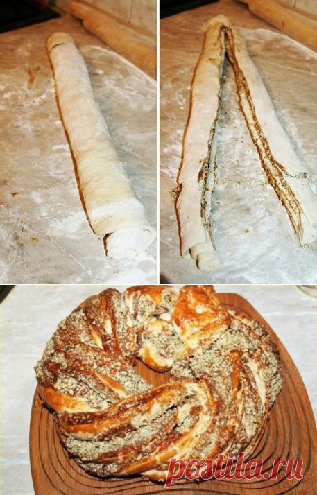 Венок из слоеного теста со сгущенкой и орехами