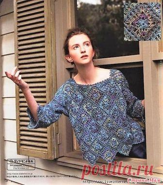 Ажурный джемпер из мотивов ромбов выполненных секционной пряжей. Крючрк https://www.liveinternet.ru/