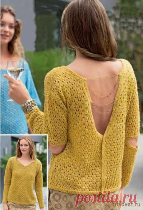 Джемпер спицами женский с V-образным вырезом - Хитсовет Джемпер спицами женский с V-образным вырезом. Вам потребуется: 300/ 300/ 350/ 400/ 400 г жёлтой пряжи Bergere de France Cabourg (70 % акрила, 30 % конопляного волокна, 135 м на 50 г); спицы № 3,5; 80 см золотистой металлической цепочки, маркировочные кольца.
