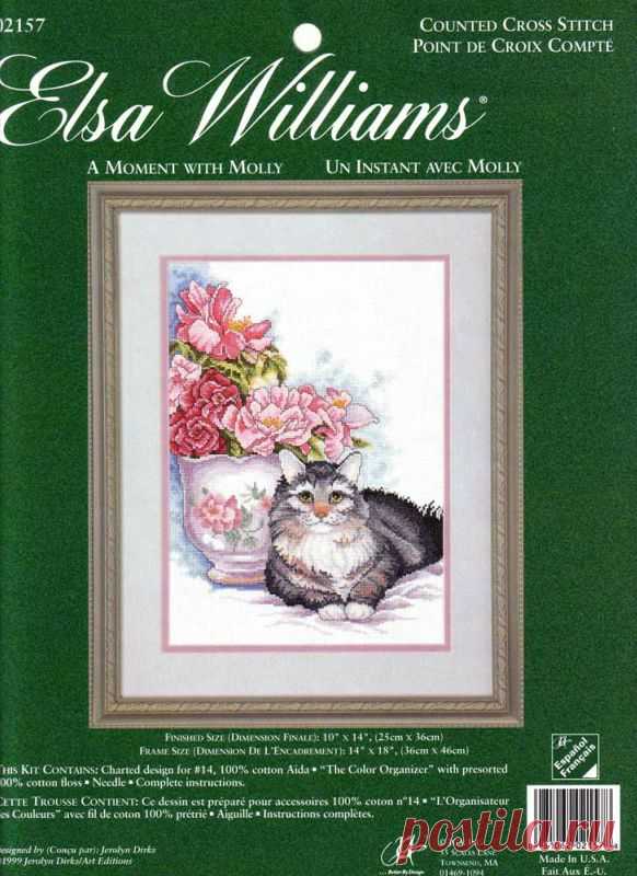 Вышивка от Elsa Williams. Ваза с цветами и кот.