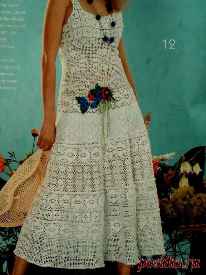 Длинный сарафан с элементами филейного вязания. Схемы