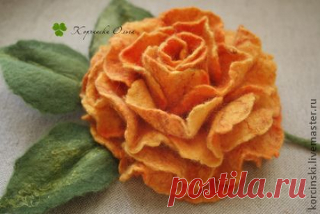 Купить Брошь Роза желто-оранжевая - роза, роза ручной работы, брошь-цветок
