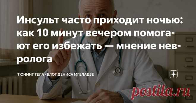 Инсульт часто приходит ночью: как 10 минут вечером помогают его избежать — мнение невролога Статья автора «Тюнинг тела - блог Дениса Мгеладзе» в Дзене ✍: «Всё было как обычно…» «Всё было как обычно: лёг спать, поужинал, посмотрел телевизор.
