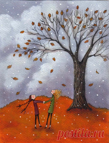 Sisters a Fall Leaves Autumn Oak Tree Snow Small PRINT from | Etsy