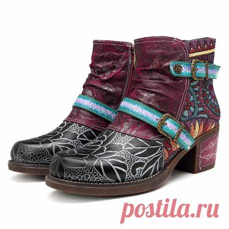 Designer SOCOFY Cowgirl Sooo Comfy Casual Genuine Leather Stripe Splicing Zipper Flat Boots - NewChic