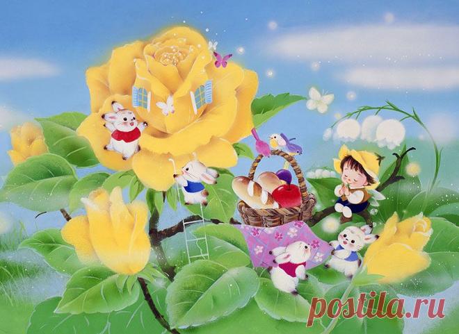 Иллюстрации животных Дом бабочек розы. Фея и кролики пикник