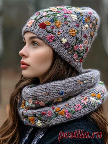 Knitted Hat with Embroidery | Вышивка на шапке, Выкройка шарфа, Вязаная шапочка