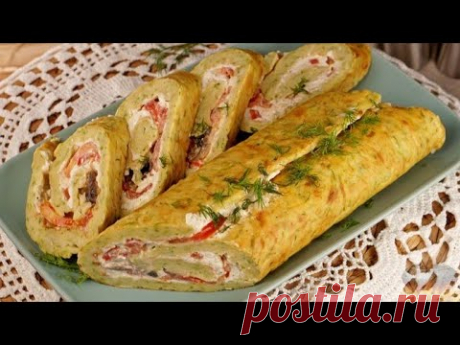 Отсутствие мяса останется незаметным.  КАБАЧКОВЫЙ РУЛЕТ С ГРИБАМИ И СЫРОМ