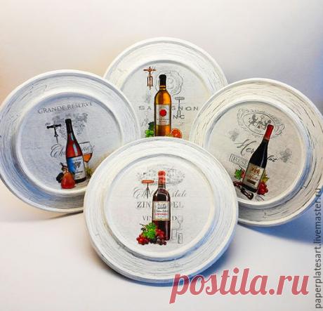 Винный набор из 4-х декоративных панно -  винный декор, панно на стену, панно декоративные, декор для интерьера, декор для кухни, панно декупаж, тарелки настенные, тарелки ручной работы, панно ручной работы, винный сти