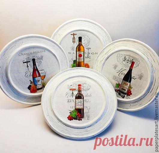 Винный набор из 4-х декоративных панно -  винный декор, панно на стену, панно декоративные, декор для интерьера, декор для кухни, панно декупаж, тарелки настенные, тарелки ручной работы, панно ручной работы, винный сти