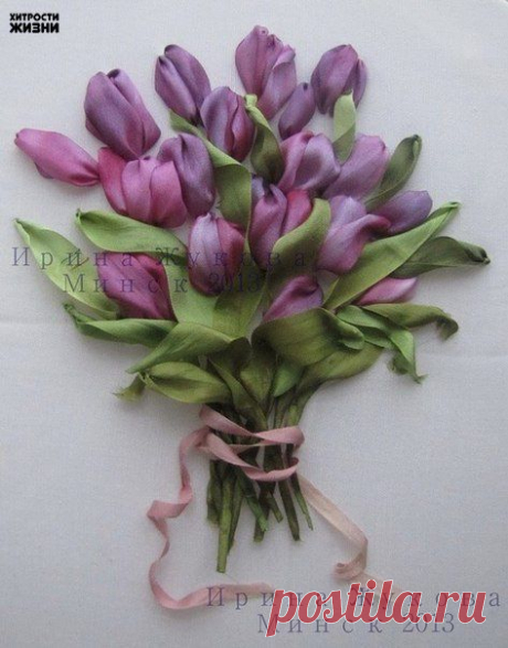 Тюльпаны. Вышивка лентами. Получается очень красиво и оригинально | Умелые ручки