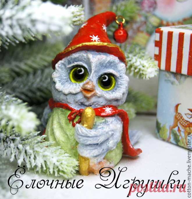 елочные игрушки, сова в красном колпочке на прищепке – купить в интернет-магазине на Ярмарке Мастеров с доставкой