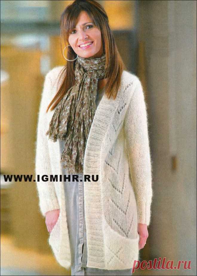 Длинный мохеровый жакет с карманами, от финских дизайнеров. Спицы.