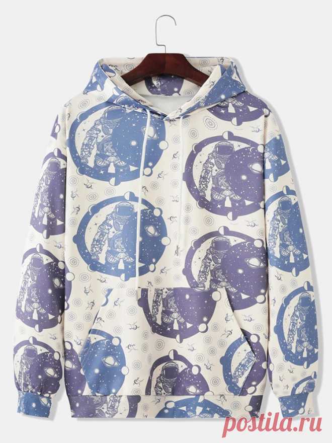Mens Cute Astronaut Pattern Kangaroo Pocket Long Sleeve Casual Drawstring Hoodie - US$24.99