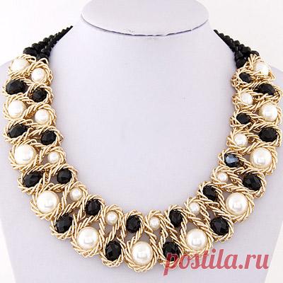 Luxurious Black & White Beads Decorated Weave Design Alloy Bib Necklaces:Asujewelry.com