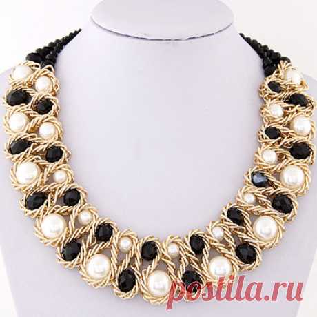 Luxurious Black &amp; White Beads Decorated Weave Design Alloy Bib Necklaces:Asujewelry.com