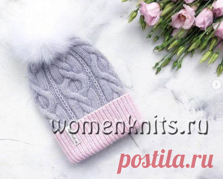 Женская шапка спицами с отворотом